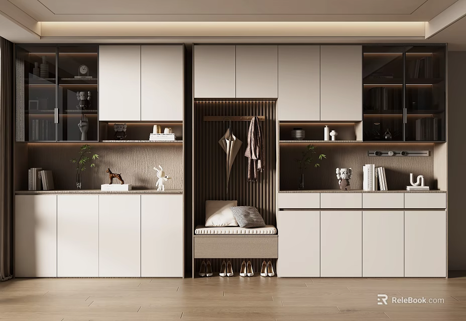 Modern Integrated Shoe Cabinet with White Closed Storage Open Shelves Shoe Bench and Decorative Plants 3d model 
