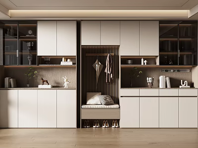 Modern Integrated Shoe Cabinet with White Closed Storage Open Shelves Shoe Bench and Decorative Plants 3d model