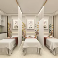 Beauty Salon Treatment Room With White Sheet Beds And Floral Artwork Curtains