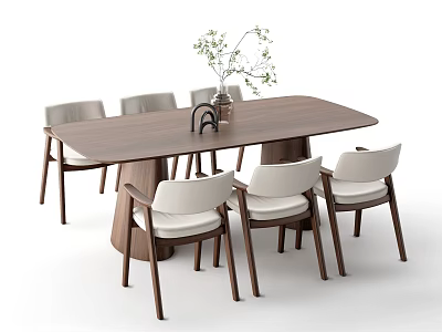 Modern Wooden Dining Table And Chairs Set With Light Seats And Plant Decoration 3d model