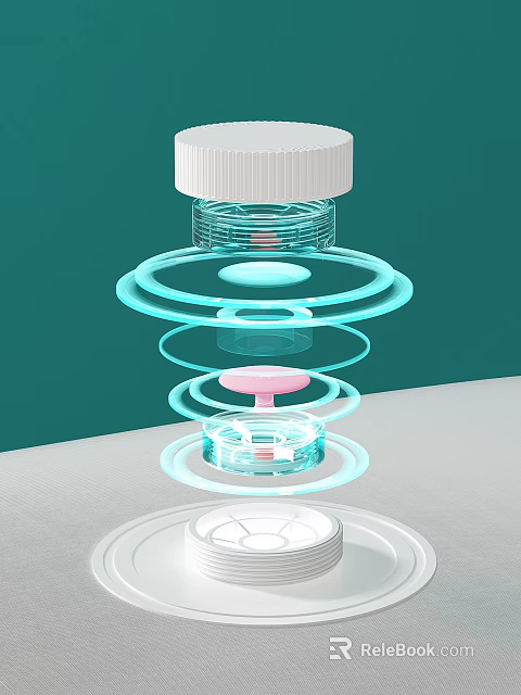 Transparent Bottle With White Cap And Blue Pink Ring Layers On Green Background 3d model
