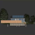 Residential House With Blue Solar Panel Roof Orange Exterior Surrounded By Trees And Lawn