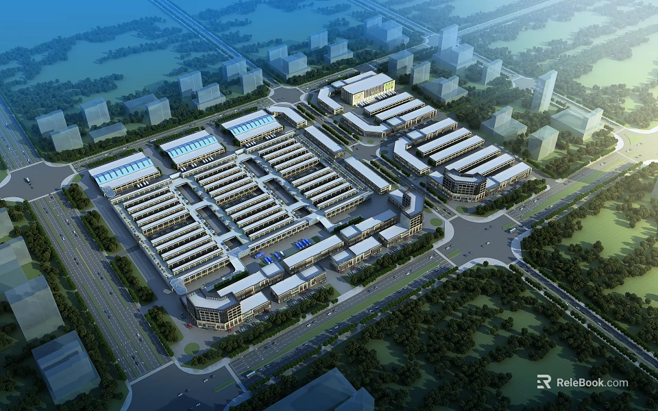 Aerial View Planning of Large Industrial Park With Organized Building Layout Roads and Green Areas 3d model 