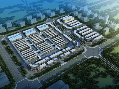 Aerial View Planning of Large Industrial Park With Organized Building Layout Roads and Green Areas 3d model
