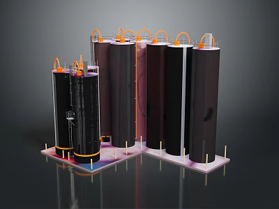 Black Cylindrical Structures With Orange Pipes On Top And Pink Base Supports 3d model