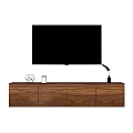 Modern Walnut Wood TV Stand With Storage Cabinets Decorative Object And Green Plant