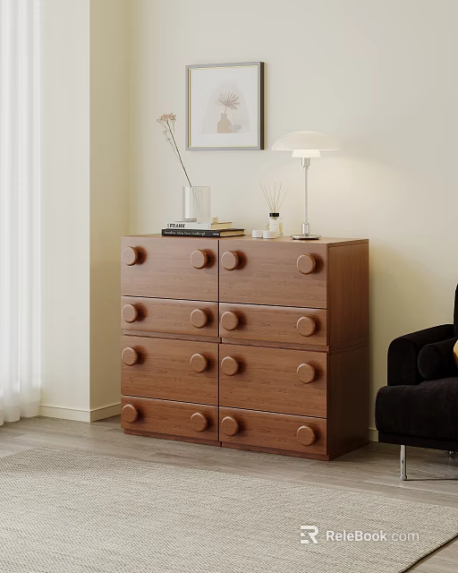 Brown Wooden Chest of Drawers With Round Knobs And Table Lamp In Living Room Corner 3d model 