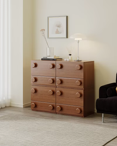 Brown Wooden Chest of Drawers With Round Knobs And Table Lamp In Living Room Corner 3d model