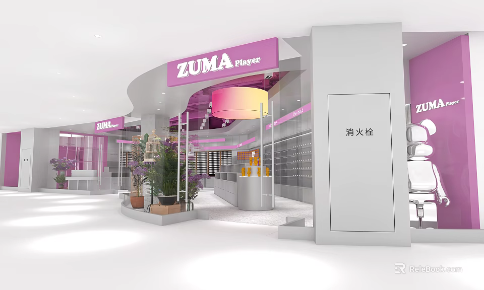 ZUMA Boutique Store Modern Exterior With Display Shelves Plants And Lighting 3d model 