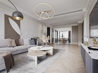 Modern Living and Dining Room Interior With Sofa Coffee Table Rug Pendant Lights and Artwork 3d model