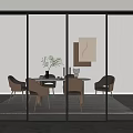 Black Framed Glass Sliding Doors In Modern Dining Room With Table Chairs And Wall Art