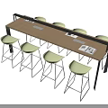 Modern Long Wooden Table with Metal Frame and Light Green Stools Set 3d model