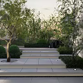 Modern Courtyard Garden Terrace Design With White Umbrella Sofa Coffee Table And Green Plants