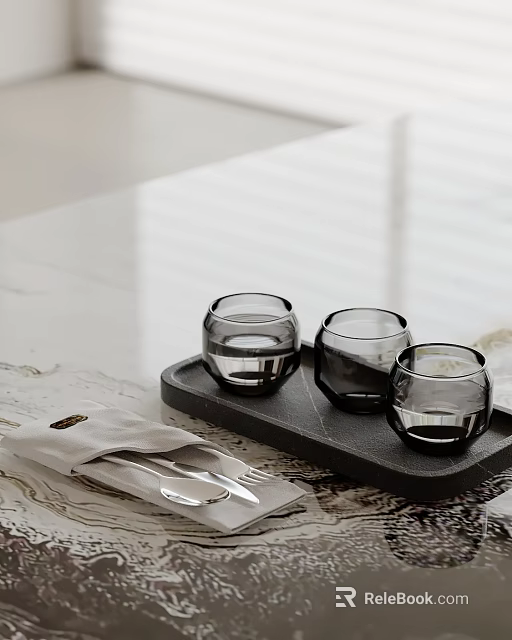 Elegant Decorative Ornament Set With Black Tray Glass Cups And White Napkins For Home Tabletop 3d model 