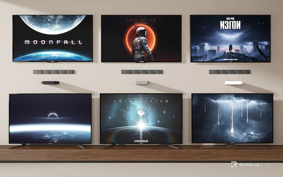 Multiple Televisions Displaying Various Scenes Wall Mounted and Stand Placed 3d model 