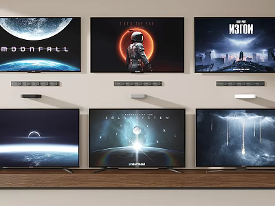 Multiple Televisions Displaying Various Scenes Wall Mounted and Stand Placed 3d model