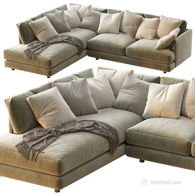 Comfortable Light Gray Sectional Sofa With Multiple Soft Pillows And Throw Blanket 3d model