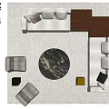 Modern Sofa and Coffee Table Set with Marble Top on Herringbone Rug and Decorative Pillows