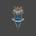 Colorful Wooden Ship with Blue Hull and Striped Sails Yellow Trim Anchor and Cannonballs Design