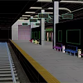 Modern Subway Station Platform With Train Tracks Yellow Safety Line Blue Seats Signs And Maps