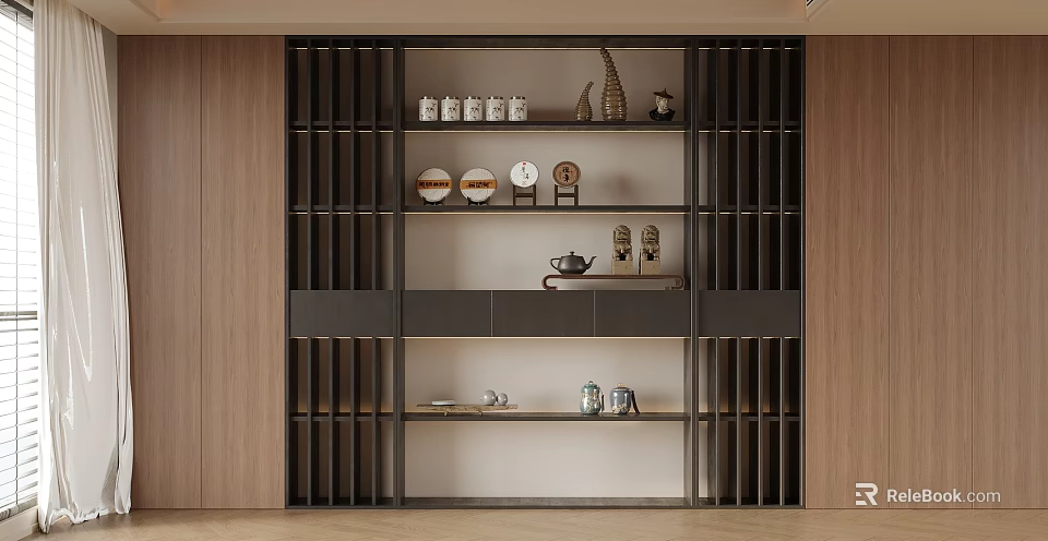 Contemporary Bookcase With Open Shelves Black Frame Wooden Panels And Decorative Items 3d model 
