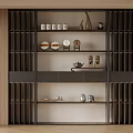 Contemporary Bookcase With Open Shelves Black Frame Wooden Panels And Decorative Items