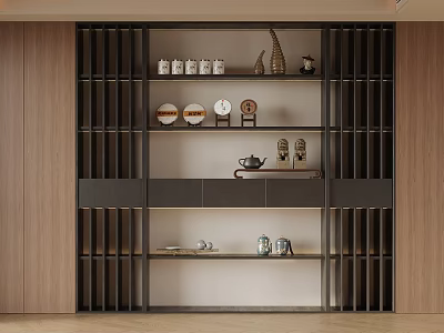 Contemporary Bookcase With Open Shelves Black Frame Wooden Panels And Decorative Items 3d model