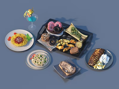 Assorted Delicious Food Platter with Donuts Pasta Salad Pancakes and Drink 3d model