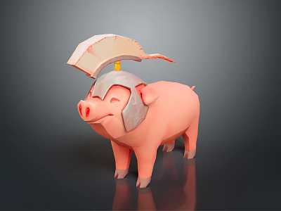 Smiling Pink Pig 3D Model Wearing Decorative Helmet With Feather Plume Design 3d model