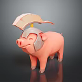 Smiling Pink Pig 3D Model Wearing Decorative Helmet With Feather Plume Design