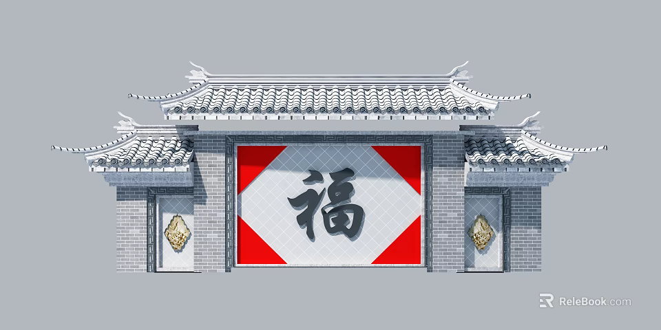 Chinese Style Background Wall With Traditional Tile Roof And Red White Fu Character 3d model 