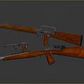 Red 3D Rendered Weapons Featuring Long Rifle And Dual Pistols On Gray Background