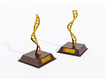 Detailed Golden DNA Helix Sculptures With Wooden Bases And Engraved Plaques 3d model