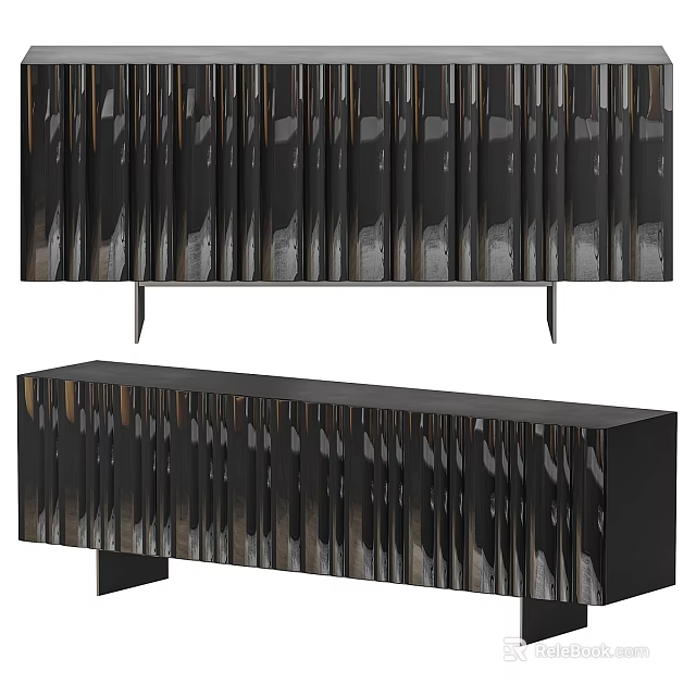 Modern TV Stand With Vertical Wooden Slats And Black Metal Legs Design 3d model 