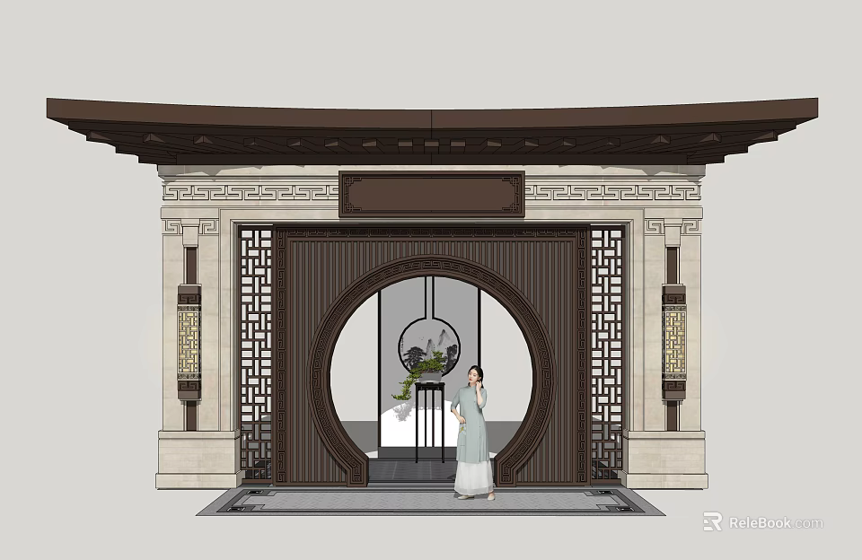 Traditional Chinese Entrance Gate With Circular Archway Intricate Carvings And Classic Eaves 3d model 