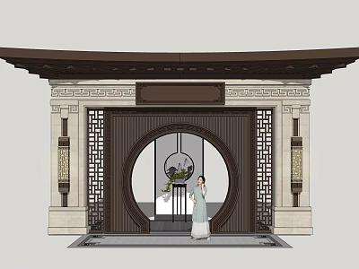Traditional Chinese Entrance Gate With Circular Archway Intricate Carvings And Classic Eaves 3d model