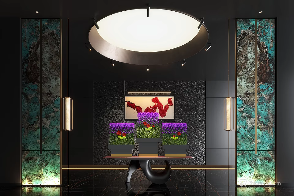 Hotel Lobby Interior With Grand Circular Chandelier Decorative Painting Flower Arrangements And Marble Accent Walls 3d model 