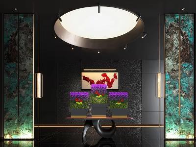 Hotel Lobby Interior With Grand Circular Chandelier Decorative Painting Flower Arrangements And Marble Accent Walls 3d model