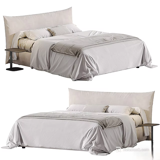 Modern Double Bed With Upholstered Headboard Soft Linen Bedding Pillows And Nightstand 3d model 