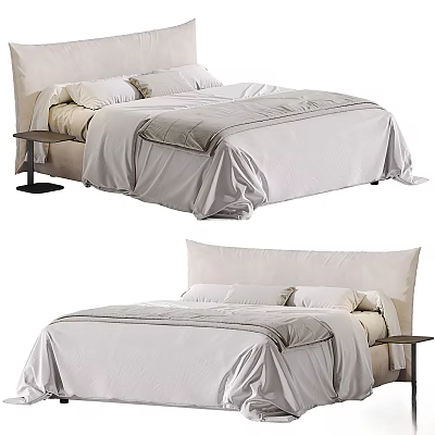 Modern Double Bed With Upholstered Headboard Soft Linen Bedding Pillows And Nightstand 3d model