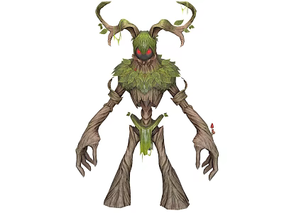 Humanoid Forest Creature With Bark Body Antlers Branches Leaves And Red Eyes 3d model