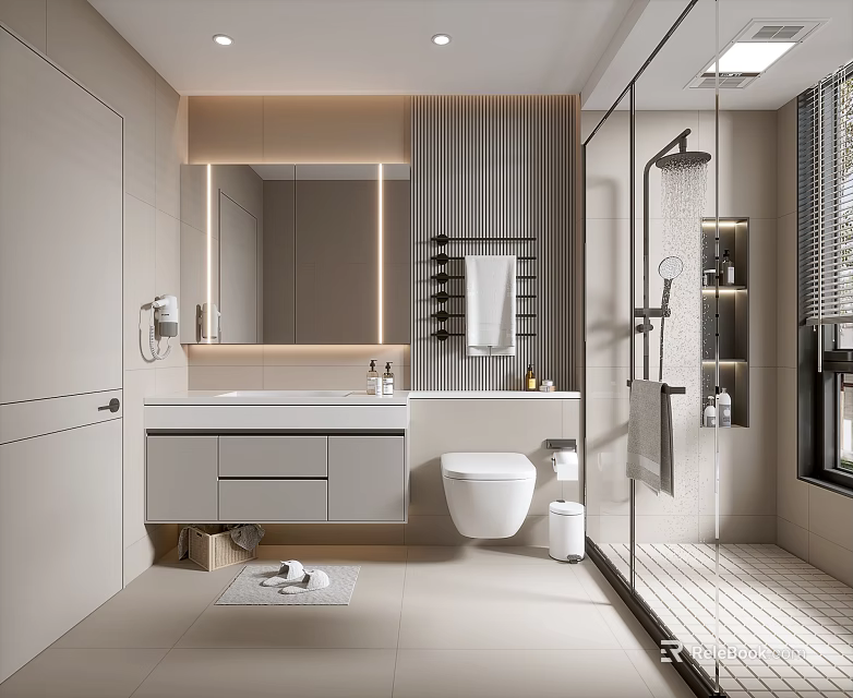 Modern Bathroom Interior With Vanity Mirror Toilet And Glass Shower Partition 3d model 