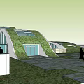 Modern Green Roof Buildings On Waterfront With Wooden Pier And People
