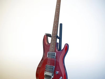 Red Electric Guitar Displayed On Stand As Musical Instrument Against Light Background 3d model