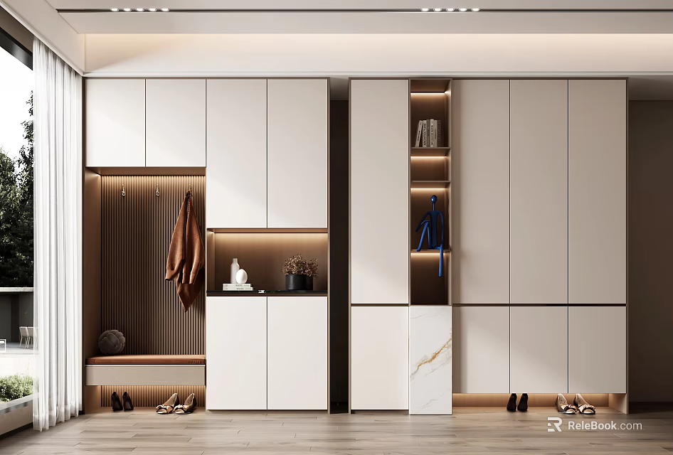 Modern Entryway Shoe Cabinet Design With Storage Hanging Area And Lighting 3d model