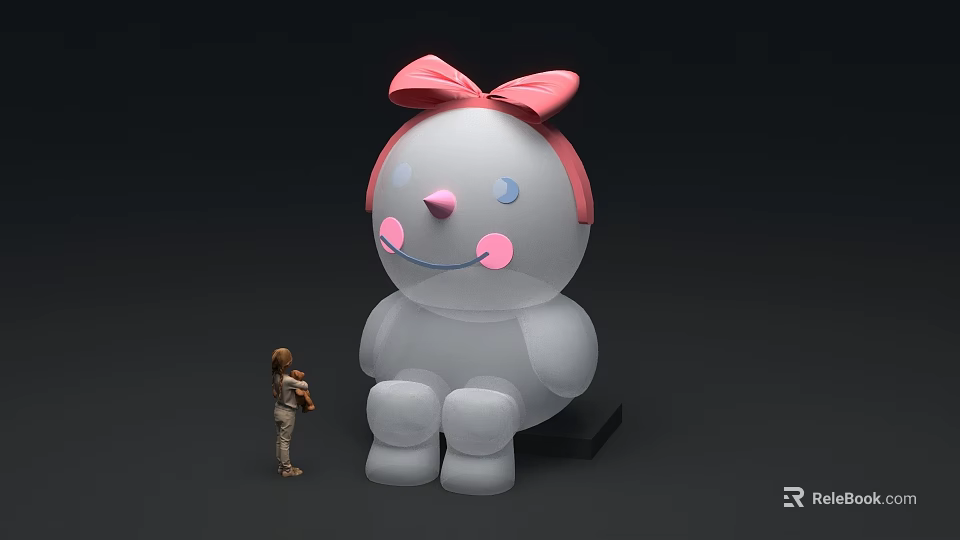 Large White Doll With Pink Bow Smiling Face And Small Figure Beside 3d model
