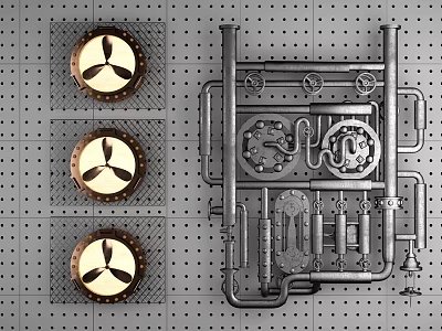 Industrial Style Circular Wall Decor With Gold Accent And Mechanical Pipe Design 3d model