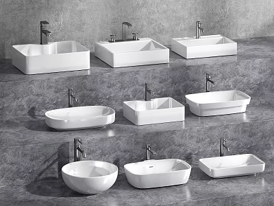 Various White Washbasins With Different Shapes And Faucets On Gray Countertop 3d model