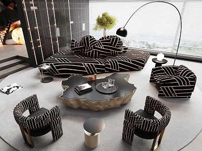 Modern Sectional Sofa Living Room With Black White Striped Design Coffee Table And Accent Chairs 3d model