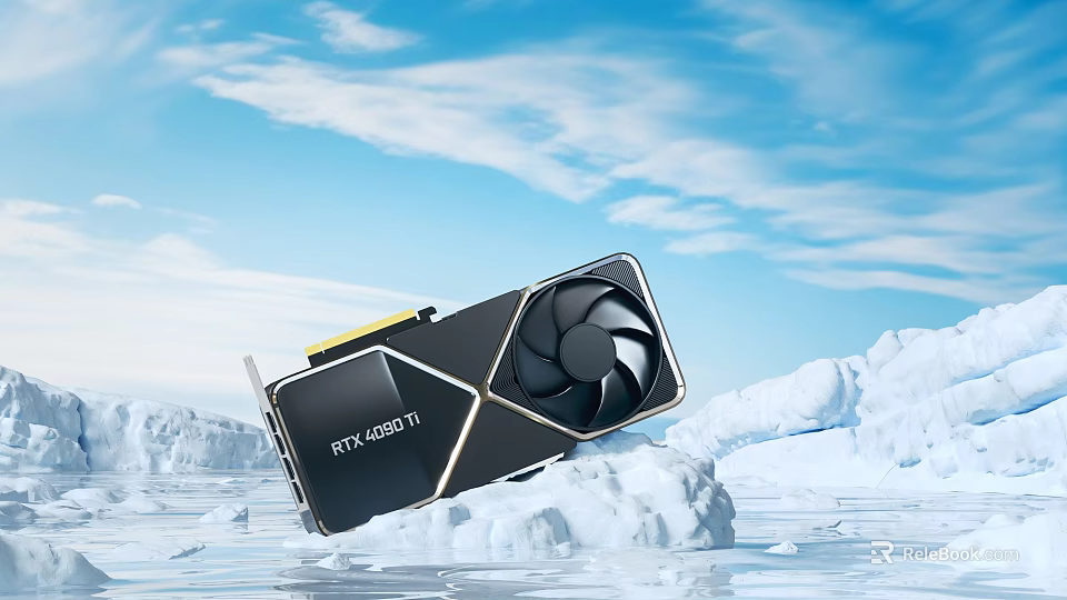 RTX 4090 Ti Graphics Card With Single Fan Floating Over Iceberg Under Blue Sky 3d model 